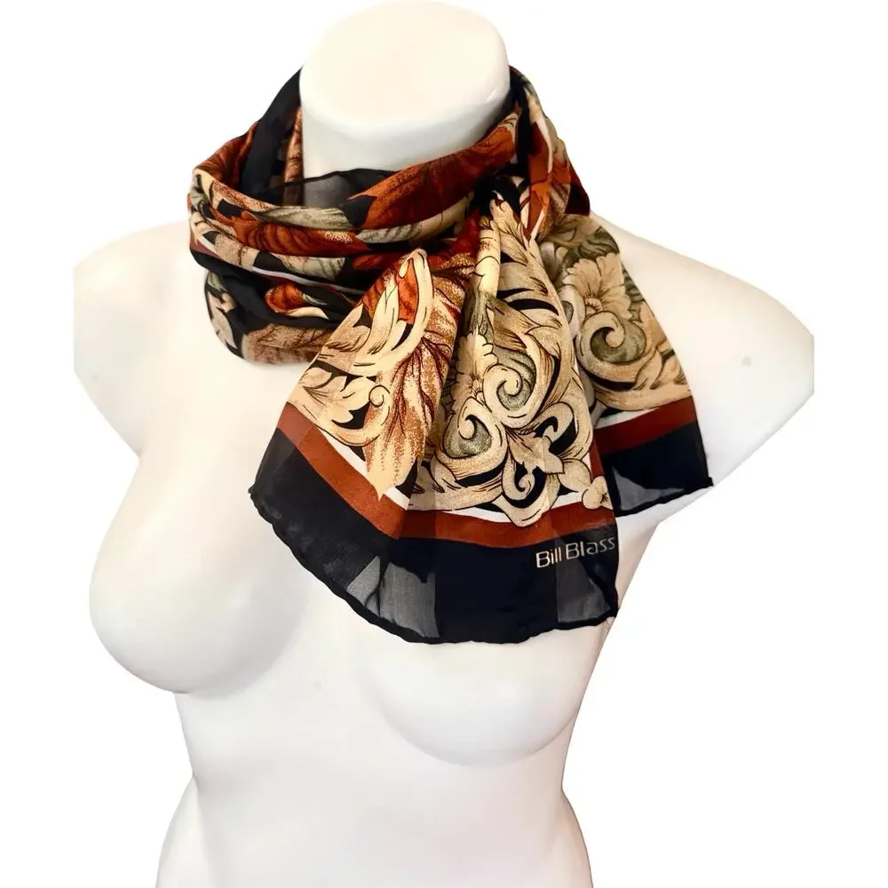 Vintage Bill Blass 80s Silk Autumn Leaf Print Scarf Black Rust 13x56